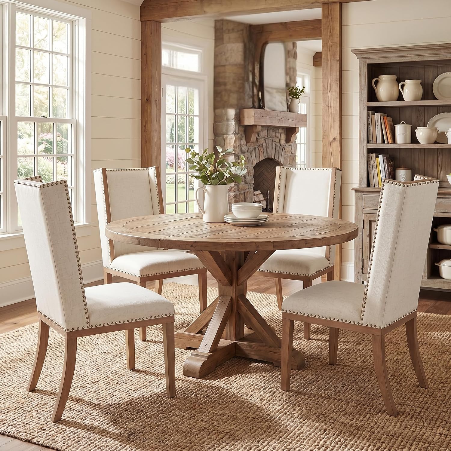High Back Upholstered Dining Chairs Set of 4, Parsons Fabric Dining Room Chairs with Solid Wood Legs and Nailhead Trim, Farmhouse Wingback Side Chair for Kitchen/Dining Room, Beige