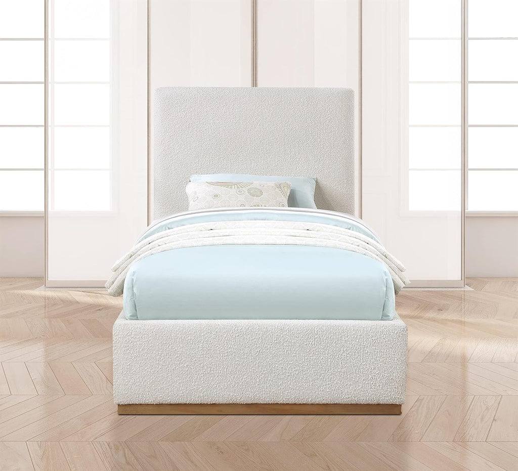 Meridian Furniture MonacoCream-T Monaco Collection Modern | Contemporary Boucle Fabric Upholstered Twin Bed withSolid Wood Natural Wire Brush Finish, 43.5' W x 82.5' D x 52' H, Cream, Twin