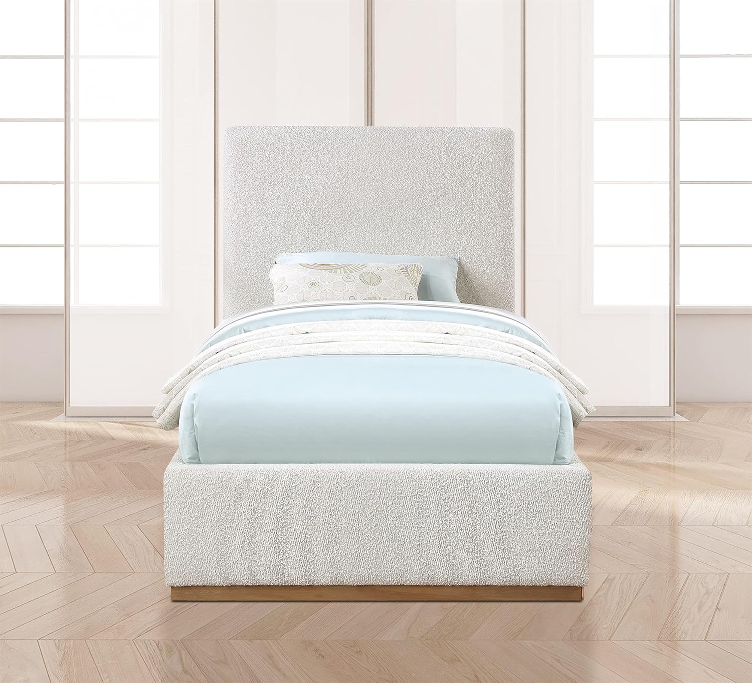 Meridian Furniture MonacoCream-T Monaco Collection Modern | Contemporary Boucle Fabric Upholstered Twin Bed withSolid Wood Natural Wire Brush Finish, 43.5' W x 82.5' D x 52' H, Cream, Twin