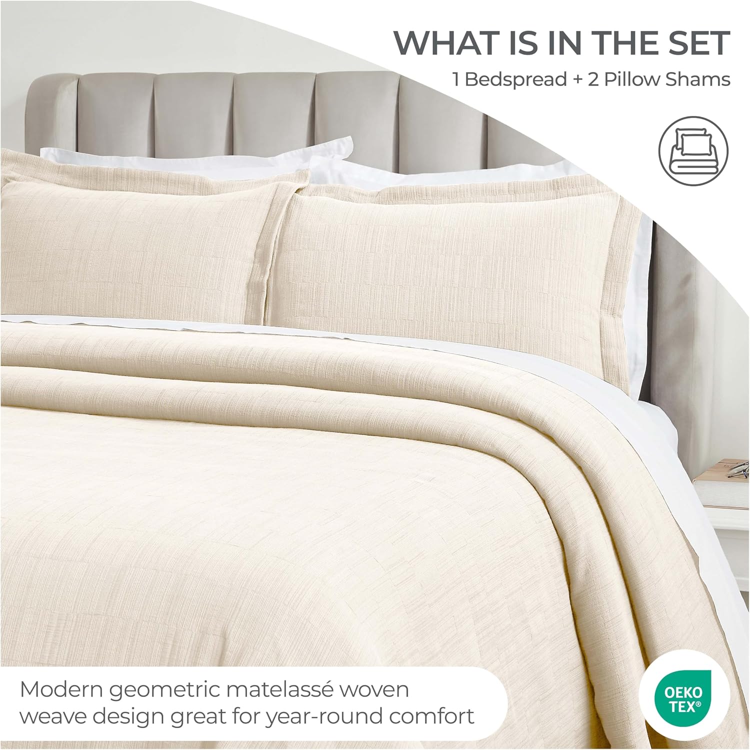 Superior 3 Piece Cotton Bedspread and Sham Set, Home Bed Decor, Decorative Bed Spread, 2 Pillow Shams, Medium Weight, Textured Matelasse Coverlet, Bedding Essentials, Zenith Collection, King, Ivory