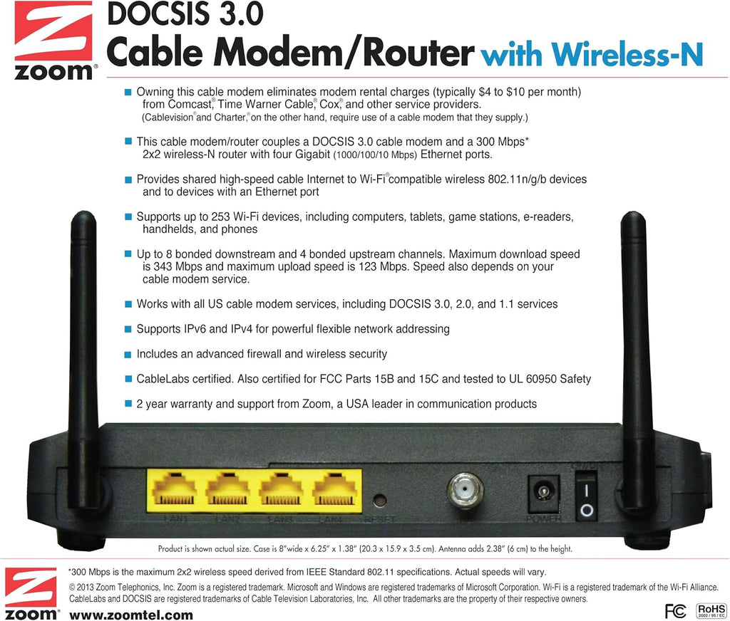 ZOOM DOCSIS 3.0 Cable Modem and Wireless-N Router (5352-00-00)