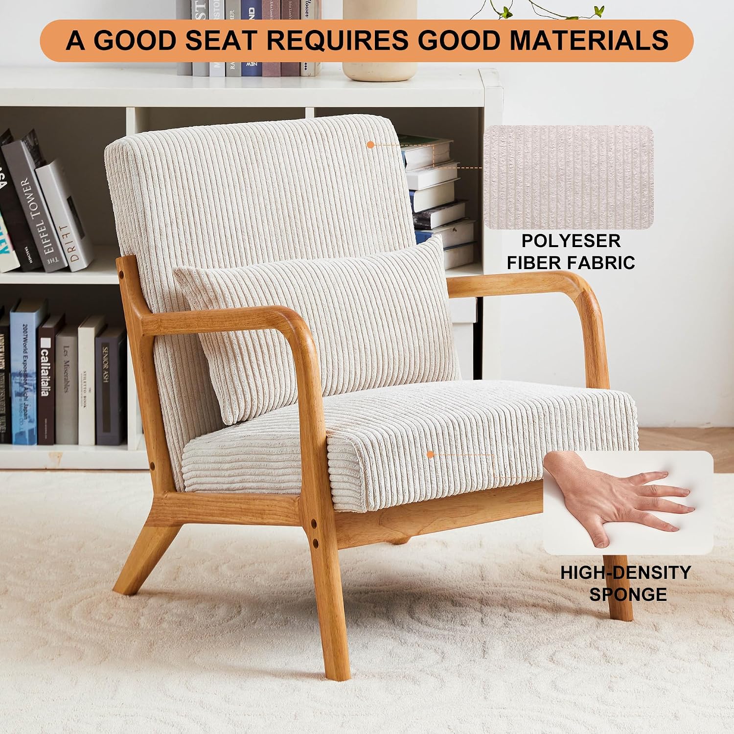QQU Corduroy Accent Chairs Set of 2 with Waist Cushions, Mid-Century Modern Living Room Chairs, Sturdy Wood Frame Armchairs, Upholstered Accent Chairs Set for Living Room, Bedroom, Apartments, Beige
