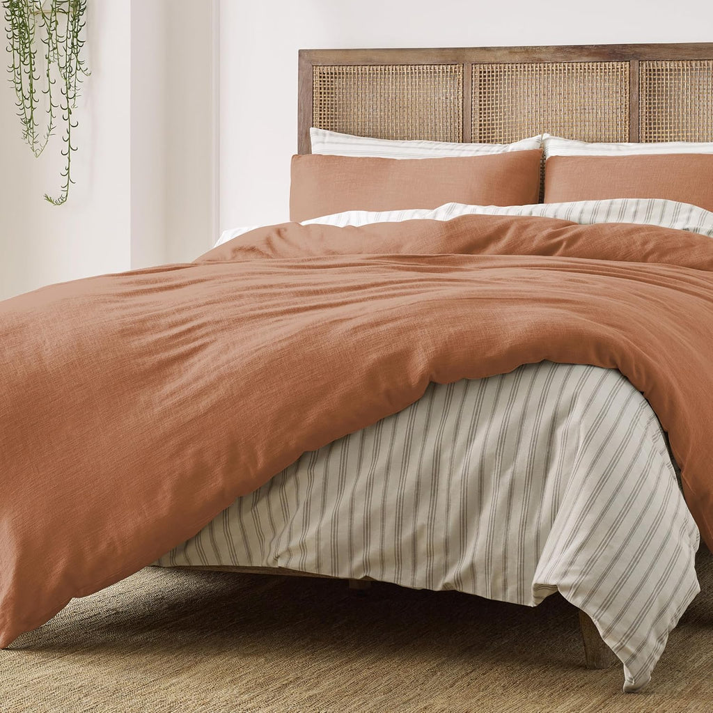 Blue Loom Duvet 100% Cotton Set, 3 Piece, Stone Washed Duvet Set King Size 104' x 92' with 2 Matching Pillow Shams, Comforter Not Included, Vivie - Clay Red