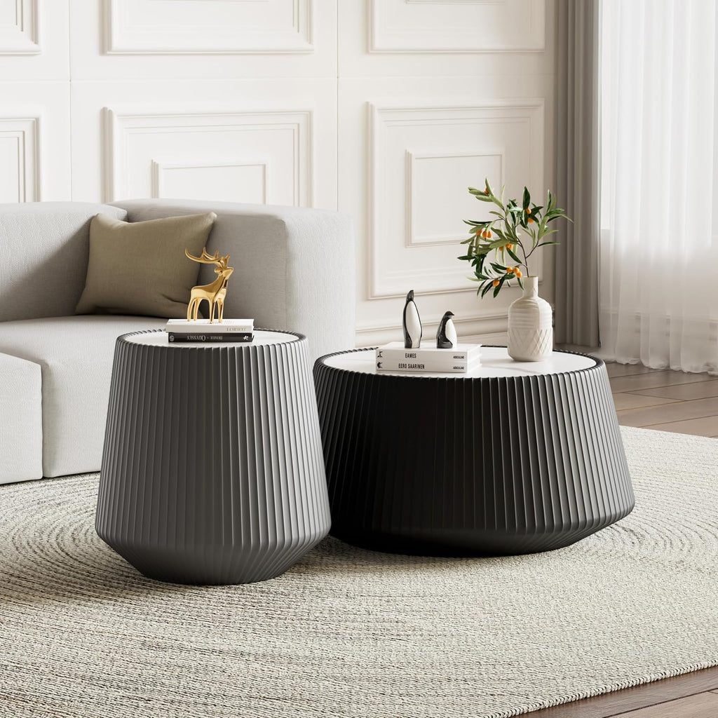 Round Living Room Table Set, 26.77' Black Drum Center Table and 19.68' Grey Coffee Table Set, 2 Pieces Coffee Table Set with Sintered Stone Tabletop, Fluted PU Leather Covered and Stable Base