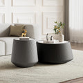 Round Living Room Table Set, 26.77' Black Drum Center Table and 19.68' Grey Coffee Table Set, 2 Pieces Coffee Table Set with Sintered Stone Tabletop, Fluted PU Leather Covered and Stable Base