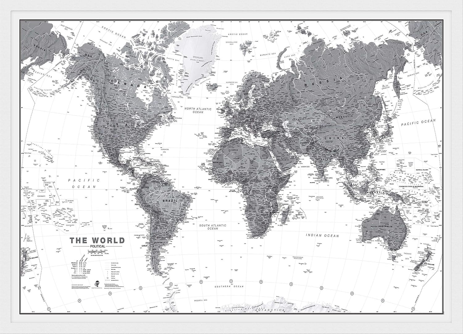 Maps International Medium Political World Wall Map - Black & White - Push Pin Board Mounted with White Wood Frame - 24 x 36
