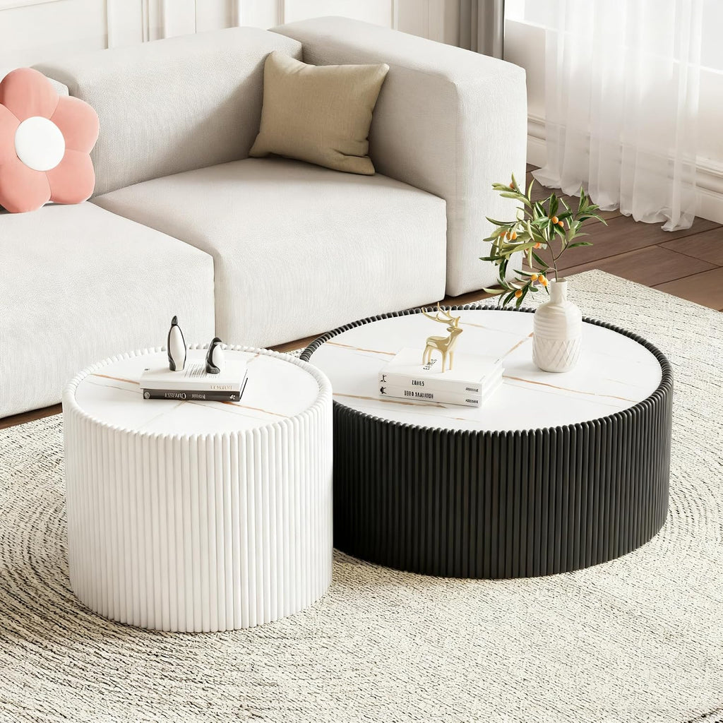 Round Coffee Table Set, 29.52' Black Drum Center Table and 17.71' White Coffee Table Set, 2 Pieces Living Room Table Set with Sintered Stone Tabletop, Fluted PU Leather Covered and Stable Base