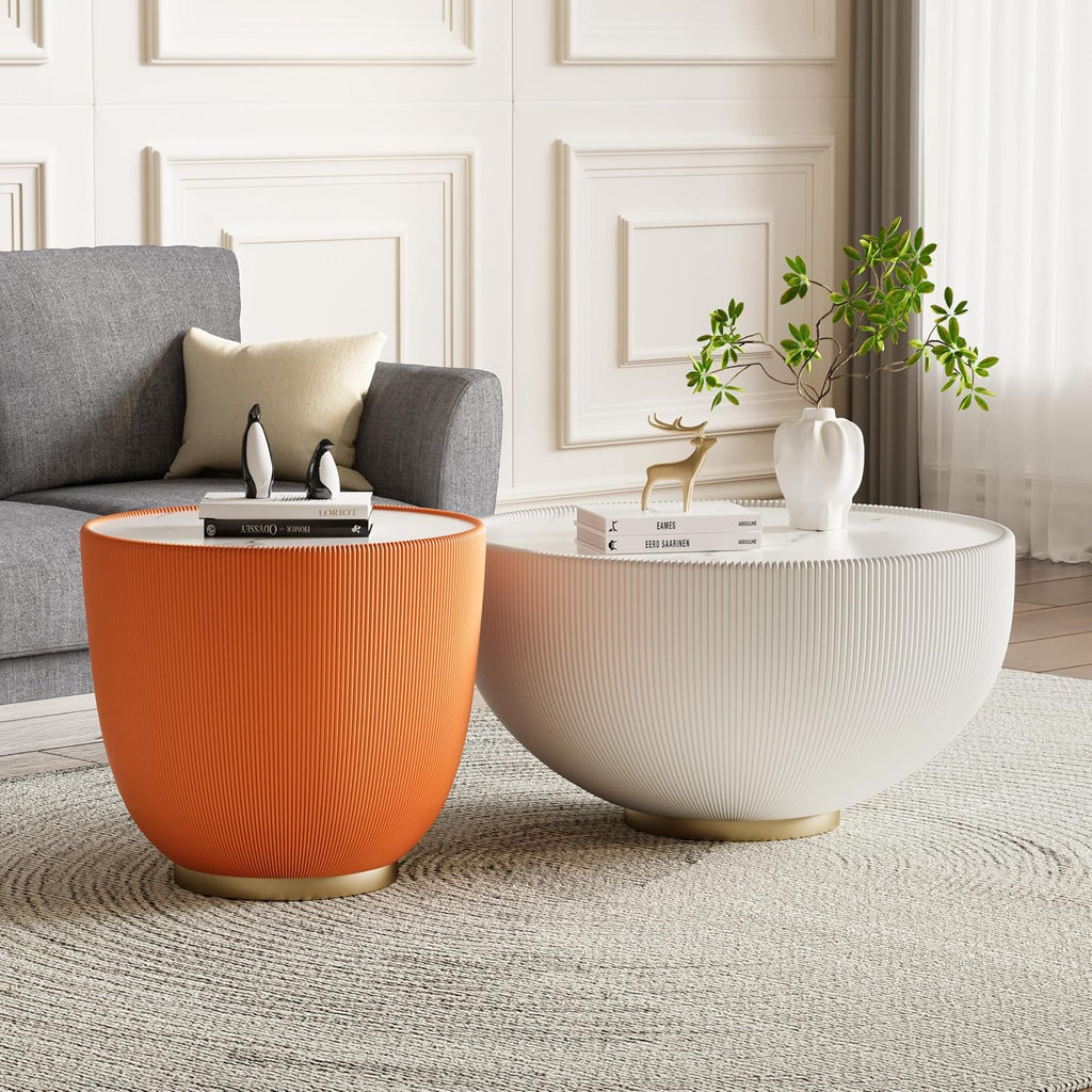 Round Living Room Table Set, 27.56' White Drum Center Table and 19.69' Orange Center Table Set, 2 Pieces Coffee Table Set with Sintered Stone Tabletop, Fluted PU Leather Covered and Metal Base