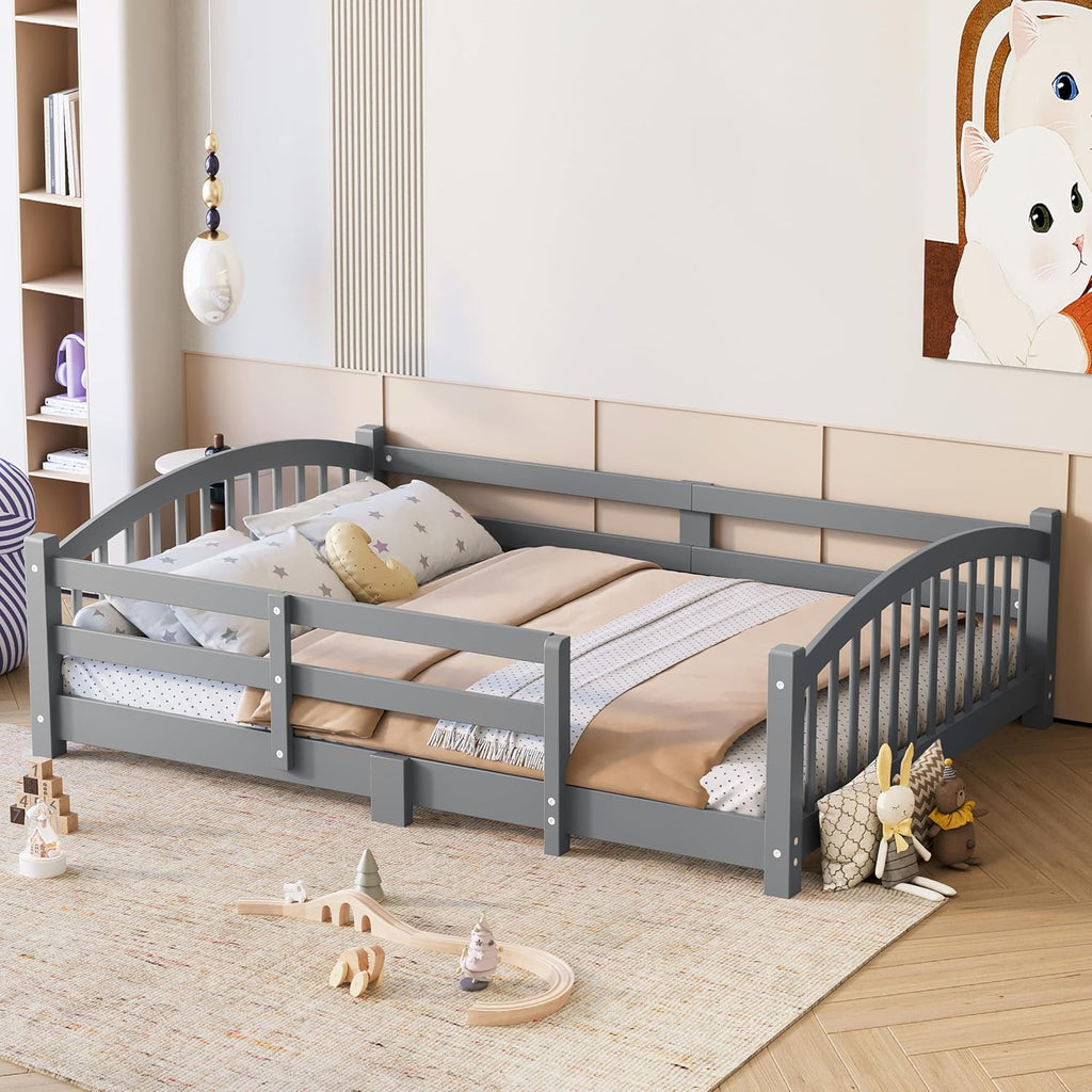 Bellemave Full Size Kids Montessori Floor Bed,Full Size Floor Bed Frame with Slats and Safety Guardrail,Solid Wood Montessori Bed for Girls Boys,Gray