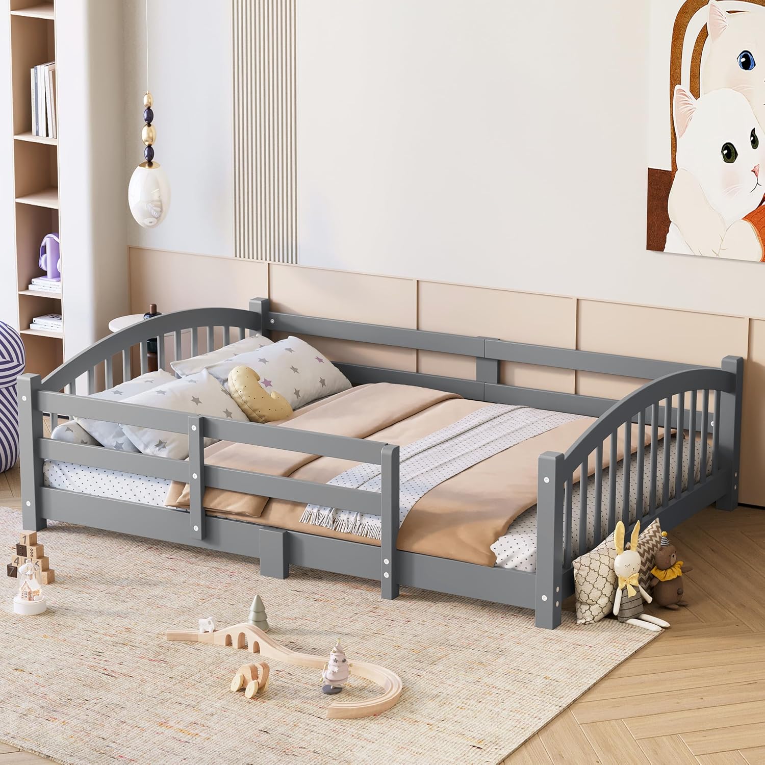 Bellemave Full Size Kids Montessori Floor Bed,Full Size Floor Bed Frame with Slats and Safety Guardrail,Solid Wood Montessori Bed for Girls Boys,Gray