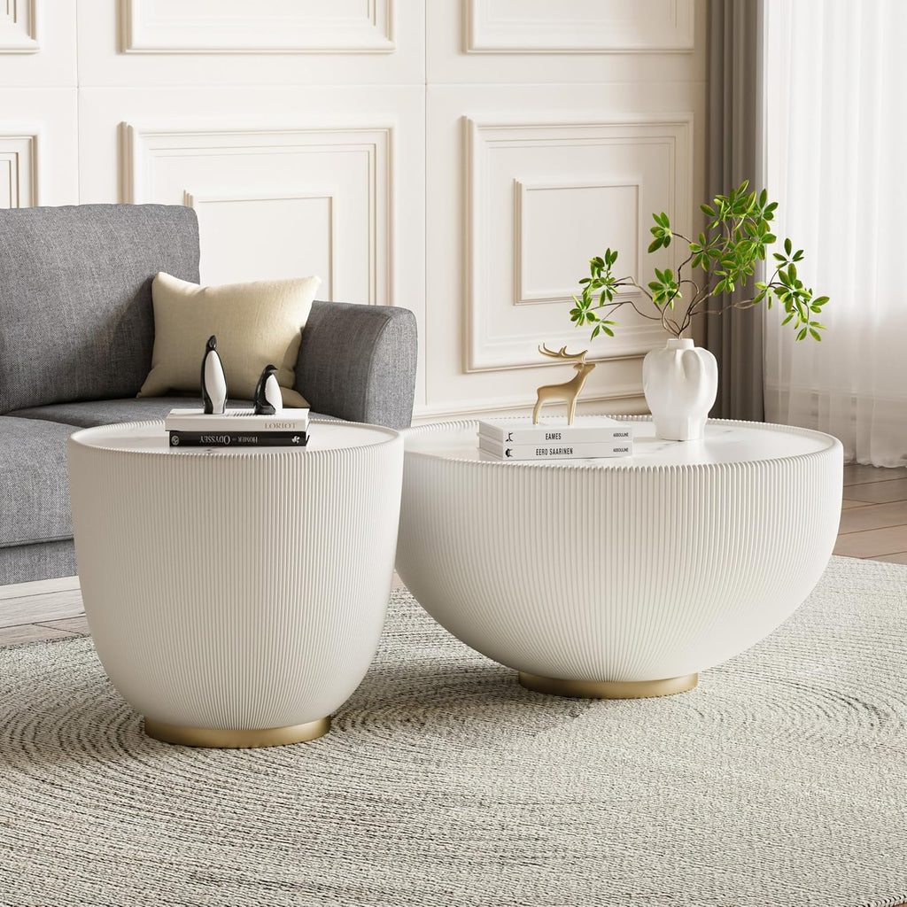 Round Living Room Table Set, 27.56' White Drum Center Table and 19.69' White Center Table Set, 2 Pieces Coffee Table Set with Sintered Stone Tabletop, Fluted PU Leather Covered and Metal Base