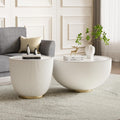 Round Living Room Table Set, 27.56' White Drum Center Table and 19.69' White Center Table Set, 2 Pieces Coffee Table Set with Sintered Stone Tabletop, Fluted PU Leather Covered and Metal Base