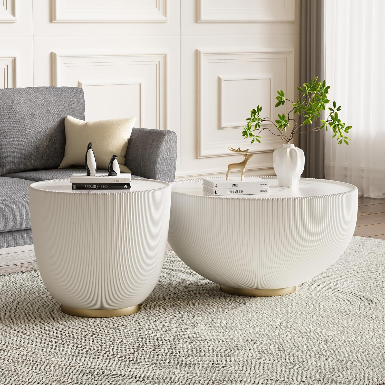 Round Living Room Table Set, 27.56' White Drum Center Table and 19.69' White Center Table Set, 2 Pieces Coffee Table Set with Sintered Stone Tabletop, Fluted PU Leather Covered and Metal Base