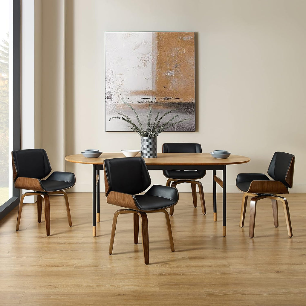 Zouron 360° Swivel Dining Chairs, Mid Century Modern Retro Faux Leather Chair with Walnut Bentwood Legs, Kitchen Dining Room Chairs with Upholstered Seat, (Set of 4, Black)