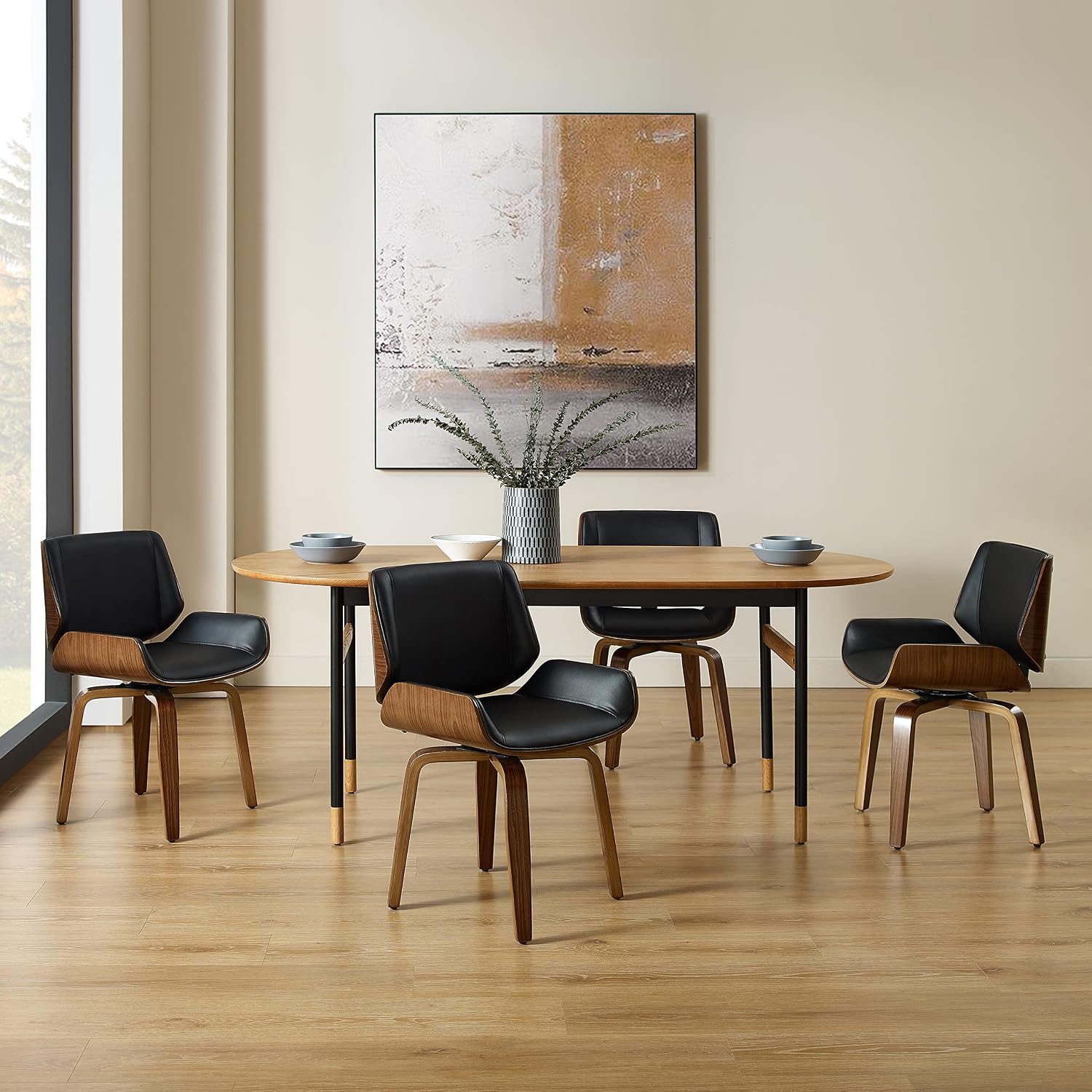 Zouron 360° Swivel Dining Chairs, Mid Century Modern Retro Faux Leather Chair with Walnut Bentwood Legs, Kitchen Dining Room Chairs with Upholstered Seat, (Set of 4, Black)