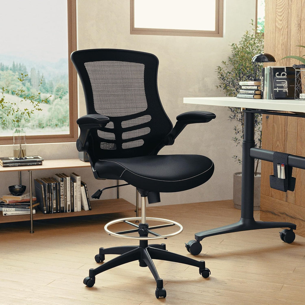 Flash Furniture Kelista Mid-Back Swivel Office Chair with Adjustable LeatherSoft Seat Height, Ergonomic Mesh Chair with Flip-Up Arms, Black
