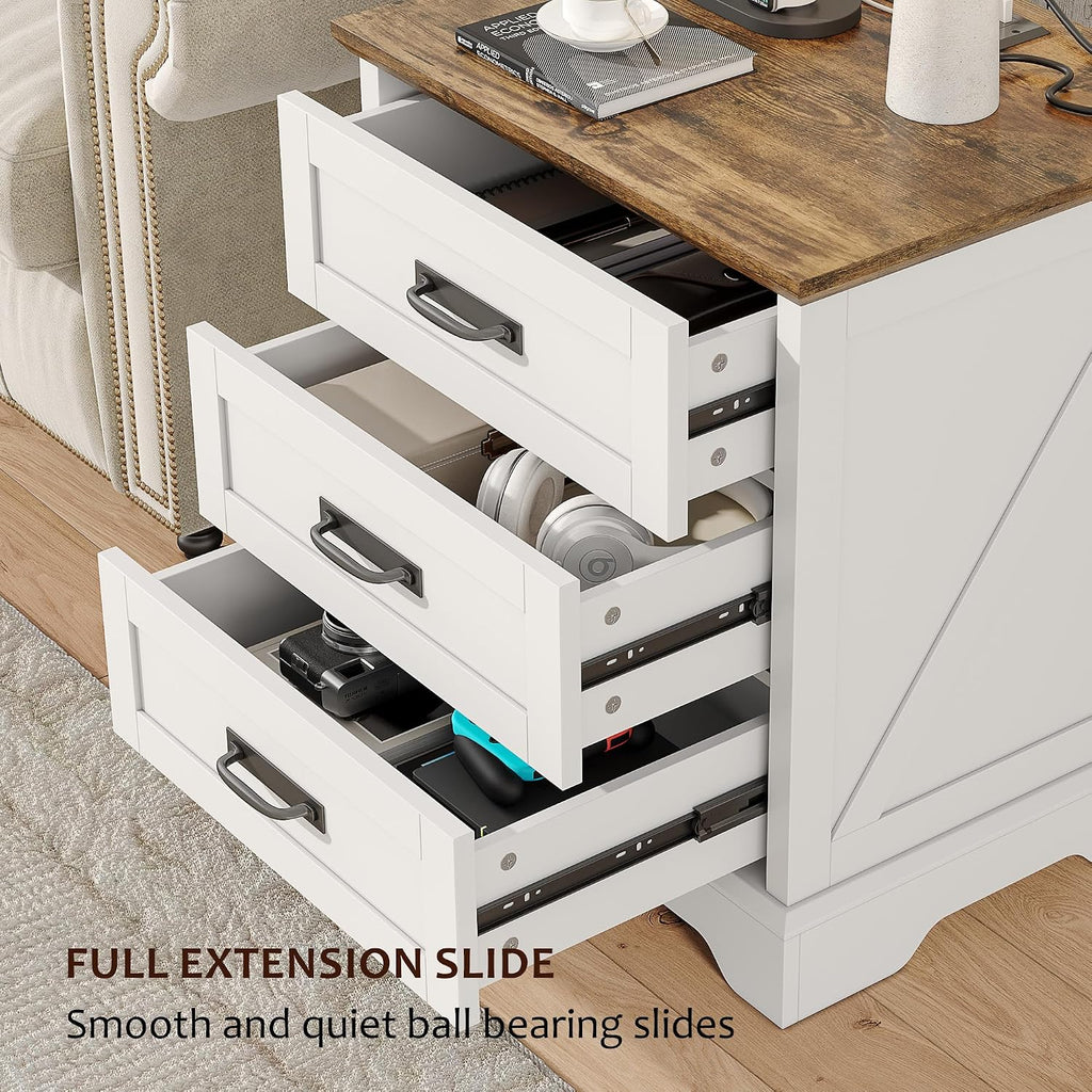 Whalefall Farmhouse Nightstand with Charging Station, 3 Drawers Bedside Table, 22 inch Wide End Table for Bedroom, White