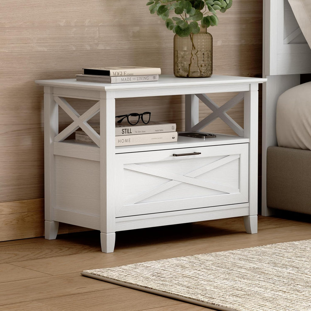 Bush Home 32-Inch Nightstand with Drawer, Farmhouse X Design Bedside Table for Bedroom and Living Room Storage and Organization, Small End Table Furniture, Key West Collection, Pure White Oak