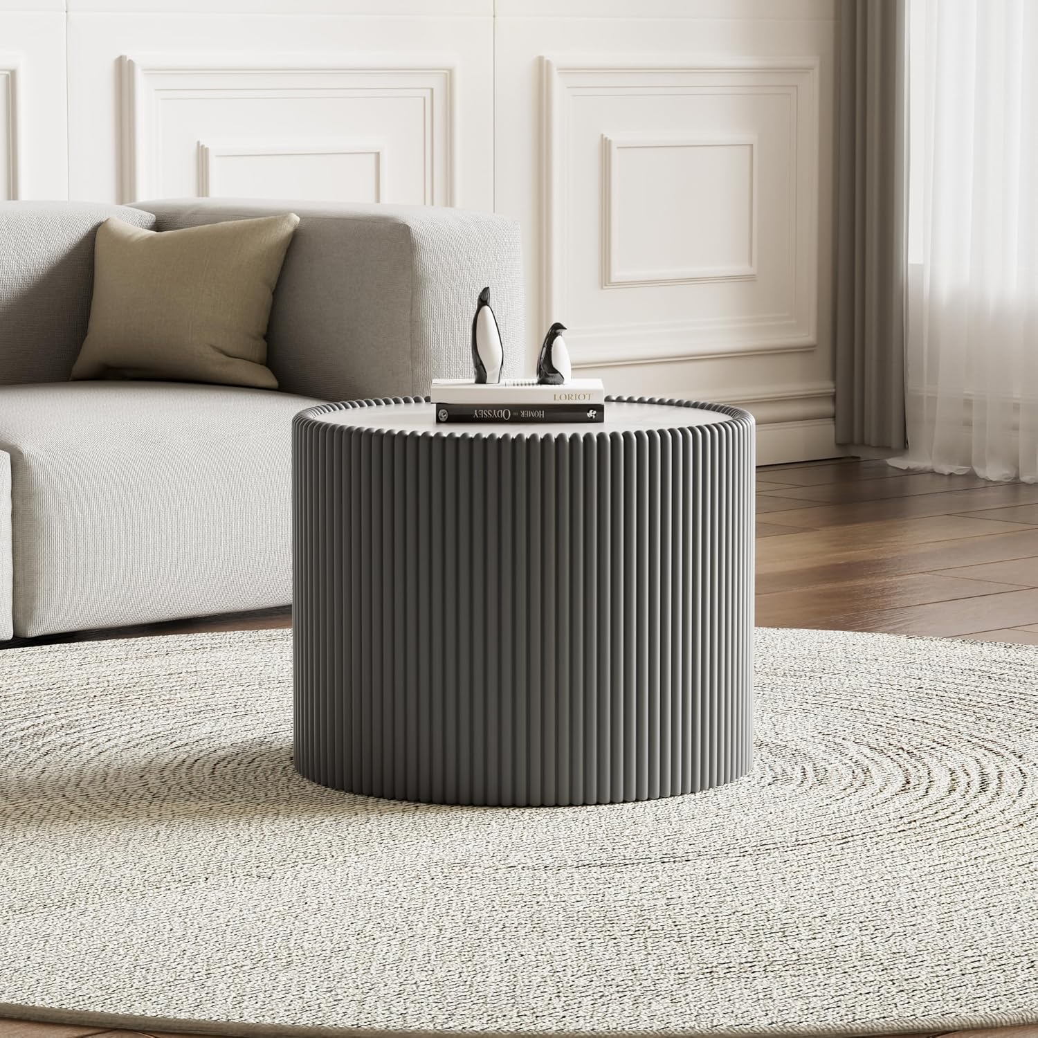 Round Living Room Table Set, 29.52' Black Drum Center Table and 17.71' Grey Coffee Table Set, 2 Pieces Coffee Table Set with Sintered Stone Tabletop, Fluted PU Leather Covered and StableBase