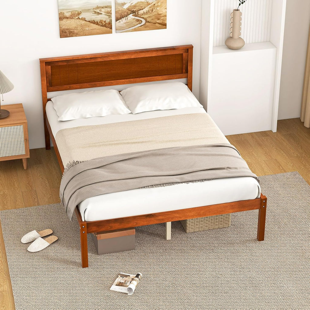 Giantex Full Size Wood Platform Bed with Headboard, Mid Century Solid Wood Full Bed with Slat Support, Double Bed Frame with 16' Under Bed Storage, No Box Spring Needed, Easy Assembly, Walnut