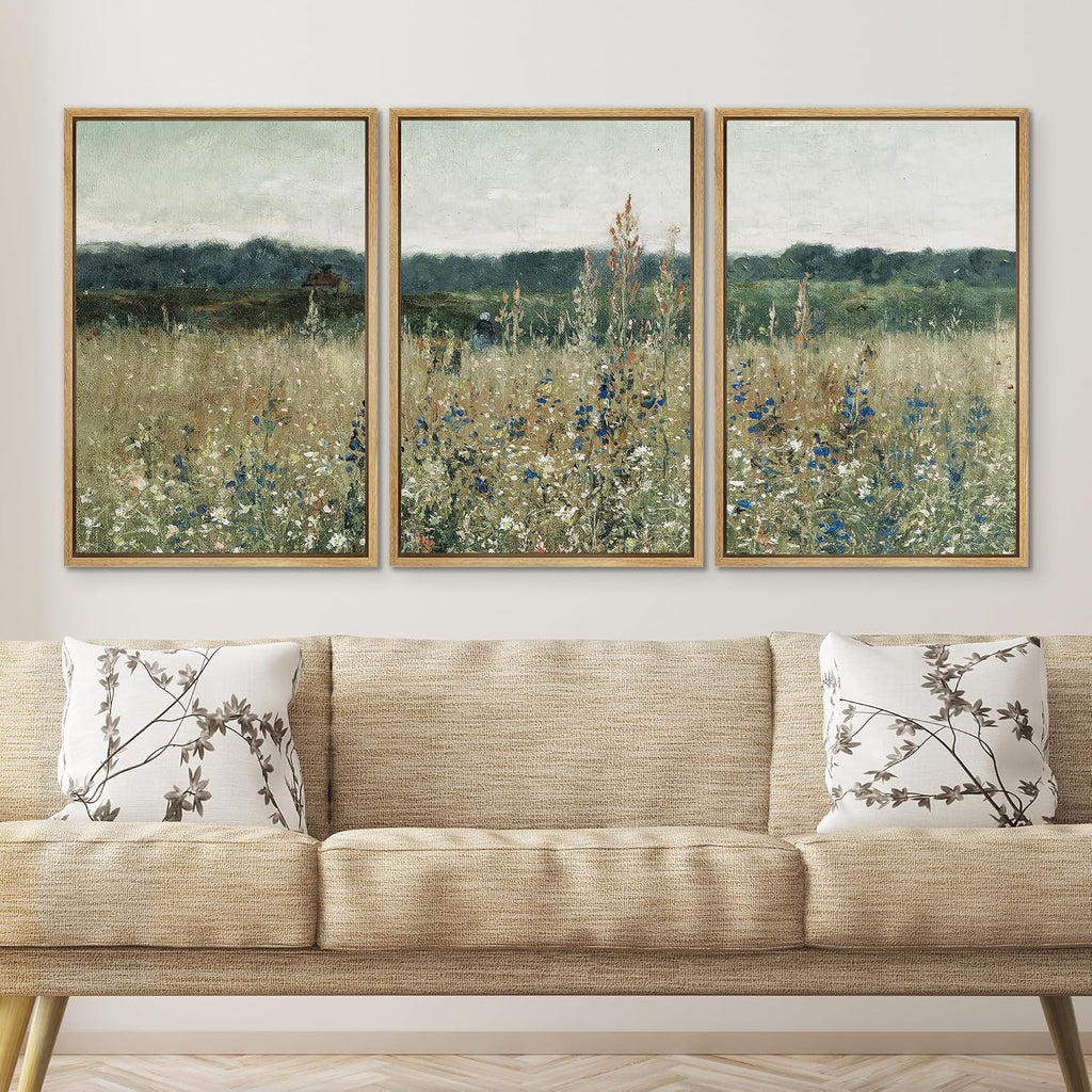 SIGNWIN Framed Canvas Print Wall Art Set Pastoral Fields Rustic Wildflower Countryside Floral Landscape Illustrations Modern Colorful Ultra for Living Room, Bedroom, Office - 24'x36'x3 Natural