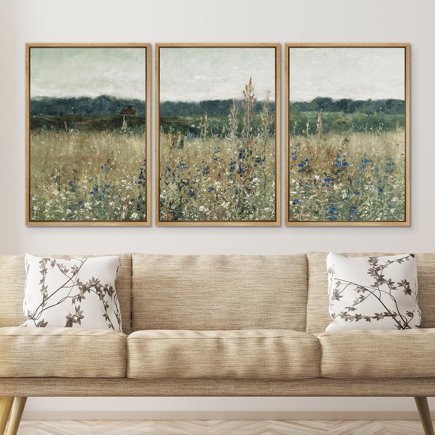 SIGNWIN Framed Canvas Print Wall Art Set Pastoral Fields Rustic Wildflower Countryside Floral Landscape Illustrations Modern Colorful Ultra for Living Room, Bedroom, Office - 24'x36'x3 Natural