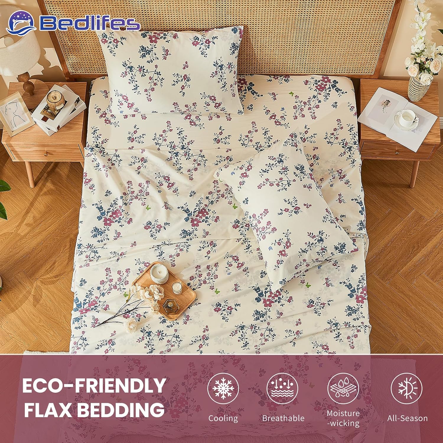 Bedlifes 100% French Linen Sheets Queen Size – Floral Printed, Botanical Pattern Breathable Cooling Sheet Set, 16' Deep Pocket, 4-Piece (Queen, Floral Red)