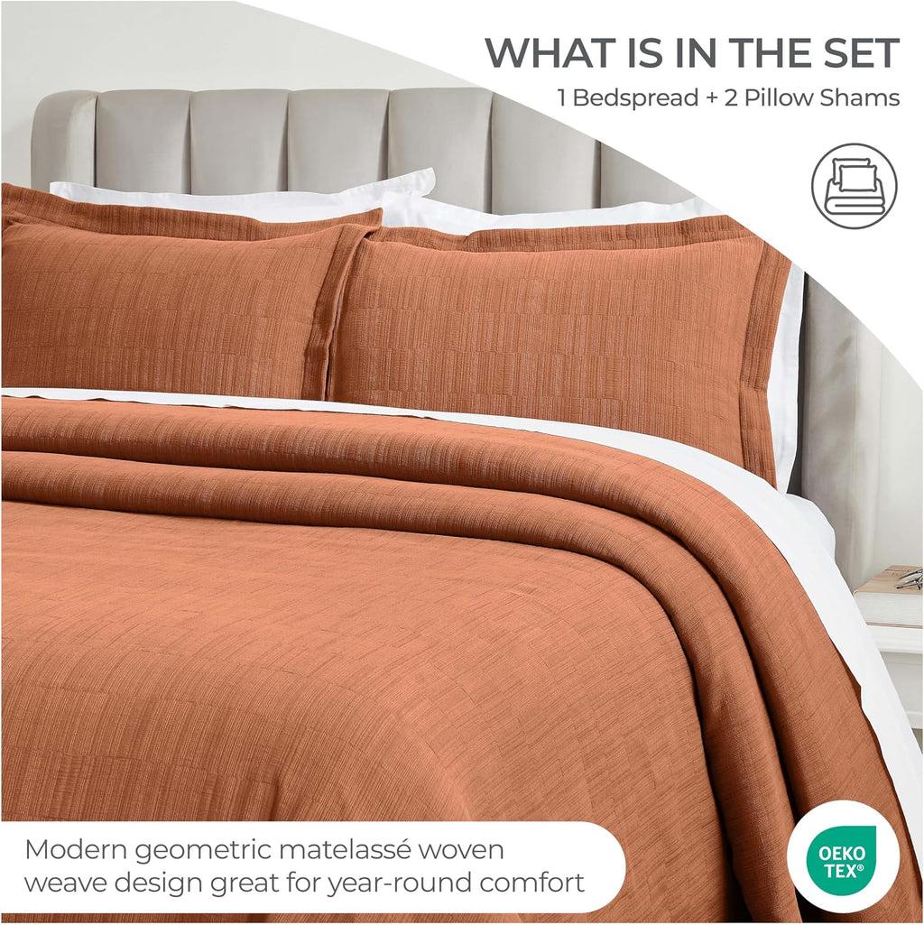 Superior 3 Piece Cotton Bedspread and Sham Set, Home Bed Decor, Decorative Bed Spread, 2 Pillow Shams, Medium Weight, Matelasse Coverlet, Bedding Essentials, Zenith Collection, Queen, Burnt Orange