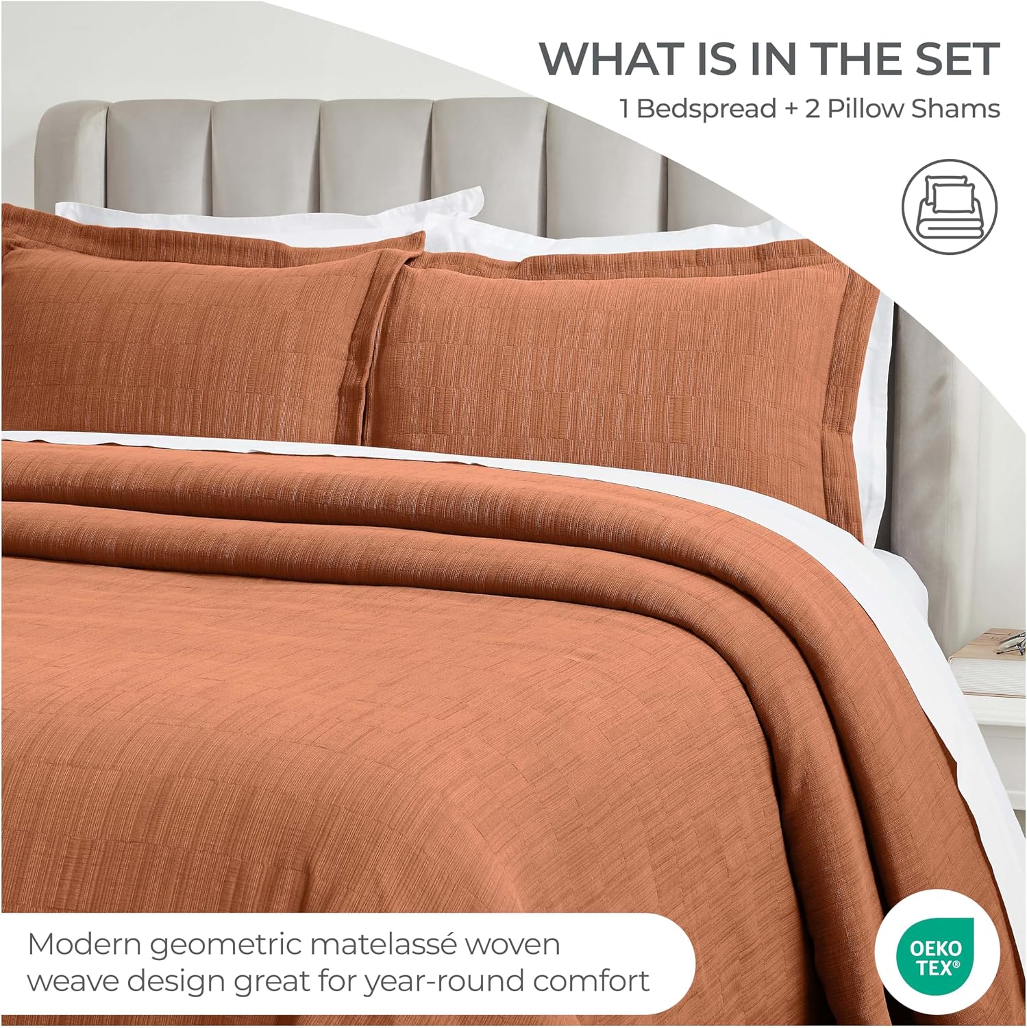 Superior 3 Piece Cotton Bedspread and Sham Set, Home Bed Decor, Decorative Bed Spread, 2 Pillow Shams, Medium Weight, Matelasse Coverlet, Bedding Essentials, Zenith Collection, Queen, Burnt Orange