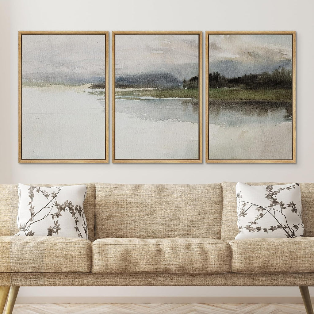 SIGNWIN Framed Canvas Print Wall Art Set Tranquil Waterscape Serene Lake Calming Watercolor Scenery Illustrations Modern Colorful Ultra for Living Room, Bedroom, Office - 24'x36'x3 Natural