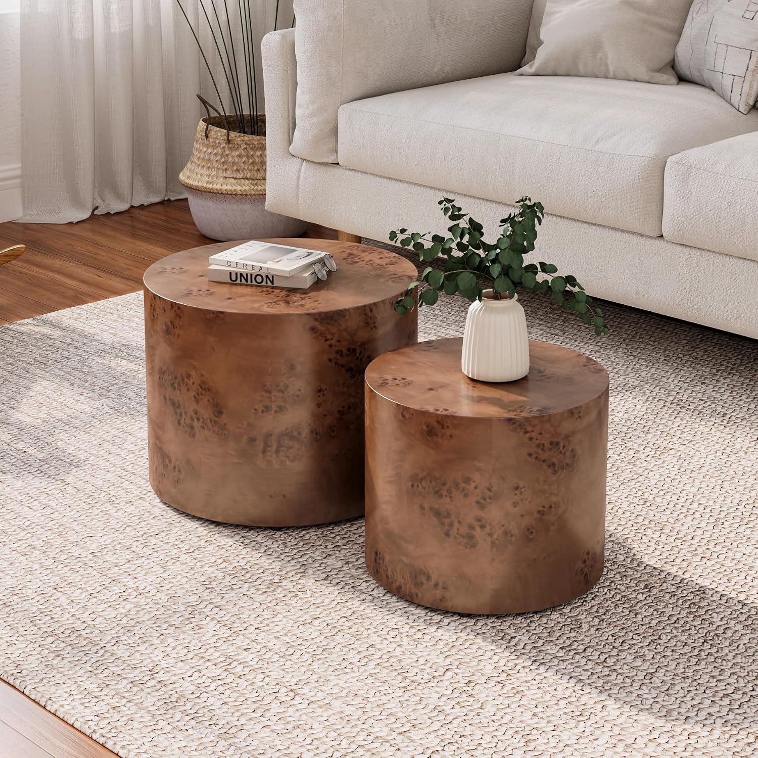Nesting Coffee Table Set of 2, Modern Round Coffee Table Drum Side Table, Wooden Circle Accent Tables End Tables for Small Spaces Living Room Bedroom Office (Dark Brown)