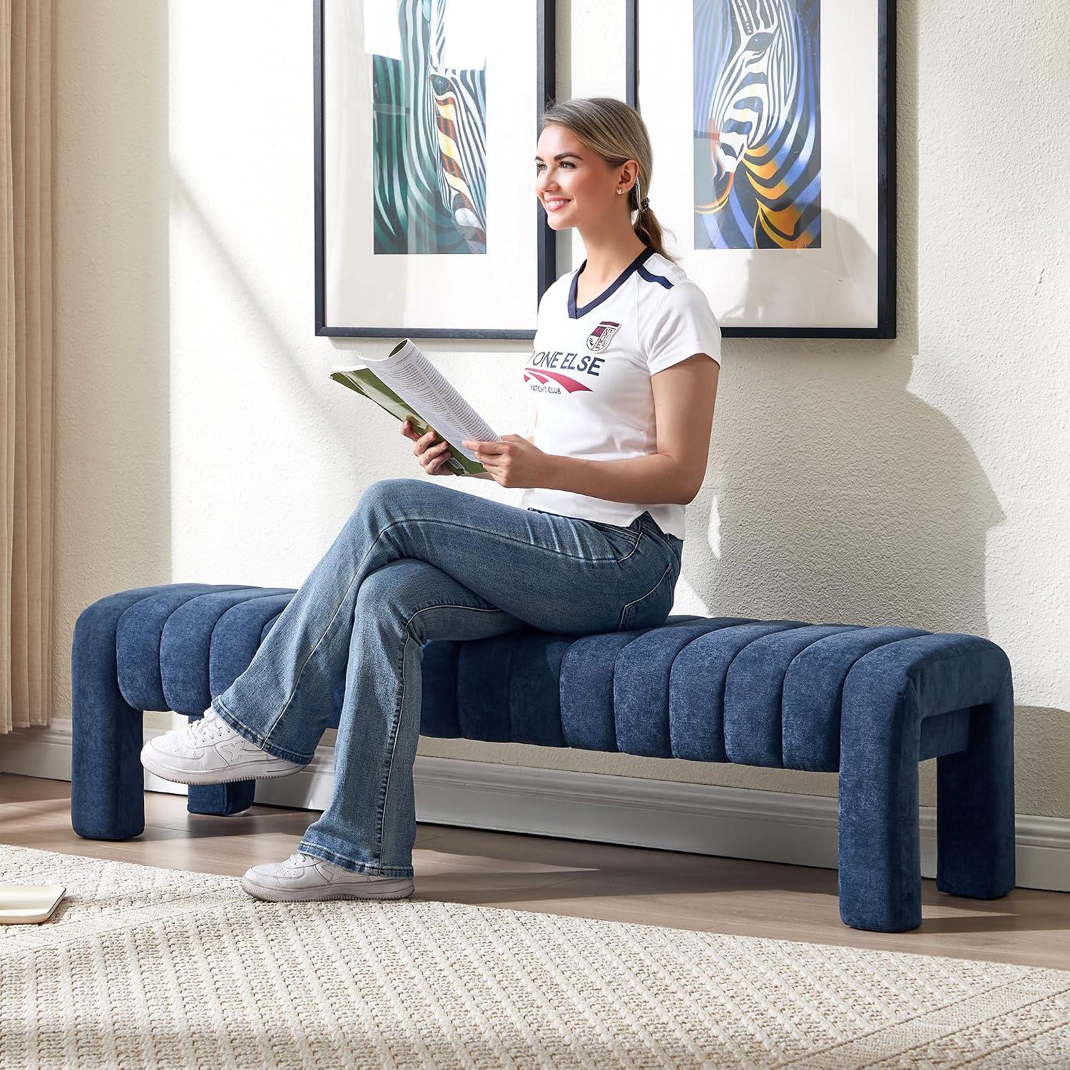 63'' Bedroom Bench, Upholstered End of Bed Bench with Solid Wood Legs, Modern Long Dining Bench with Full Covered Fabrics for Entryway, Bedroom, Living Room (Blue, Chenille)