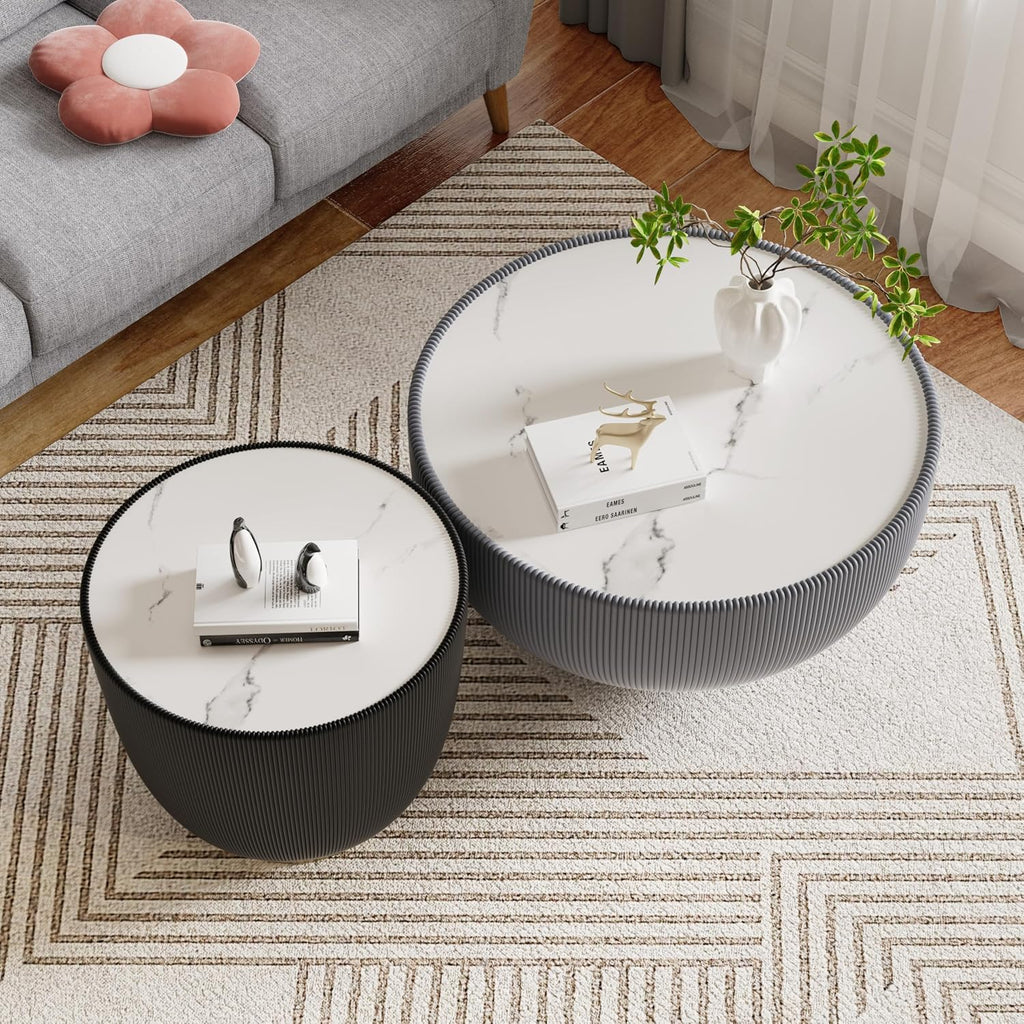Round Living Room Table Set, 27.56' Grey Drum Center Table and 19.69' Black Coffee Table Set, 2 Pieces Coffee Table Set with Sintered Stone Tabletop, Fluted PU Leather Covered and Metal Base
