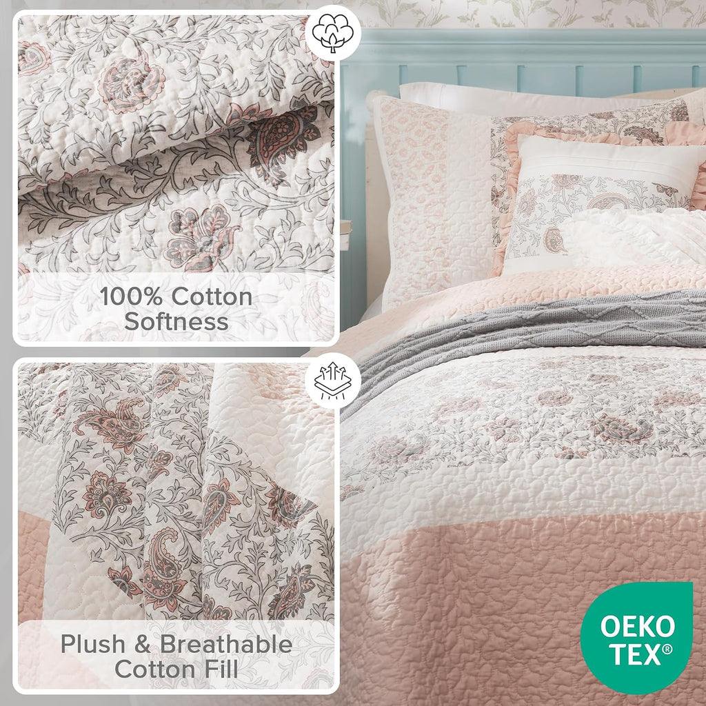 Madison Park 100% Cotton Quilt Set Floral Print, Double Sided Stitching, All Season, Lightweight Coverlet Shabby Chic Bedding Layer, Matching Shams, King/Cal King, Blush 6 Piece