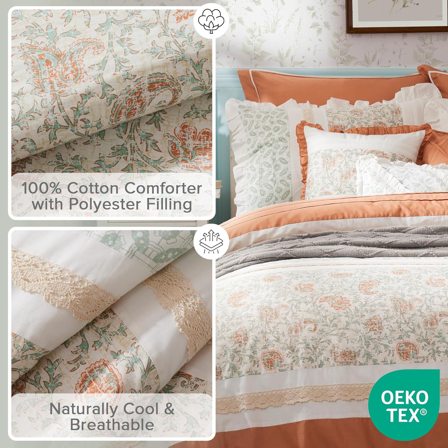 Madison Park Dawn 100% Cotton Shabby Chic Comforter Set-Modern Cottage Design All Season Down Alternative Bedding, Matching Shams, Bedskirt, Decorative Pillows, King(104'x92'), Coral 9 Piece