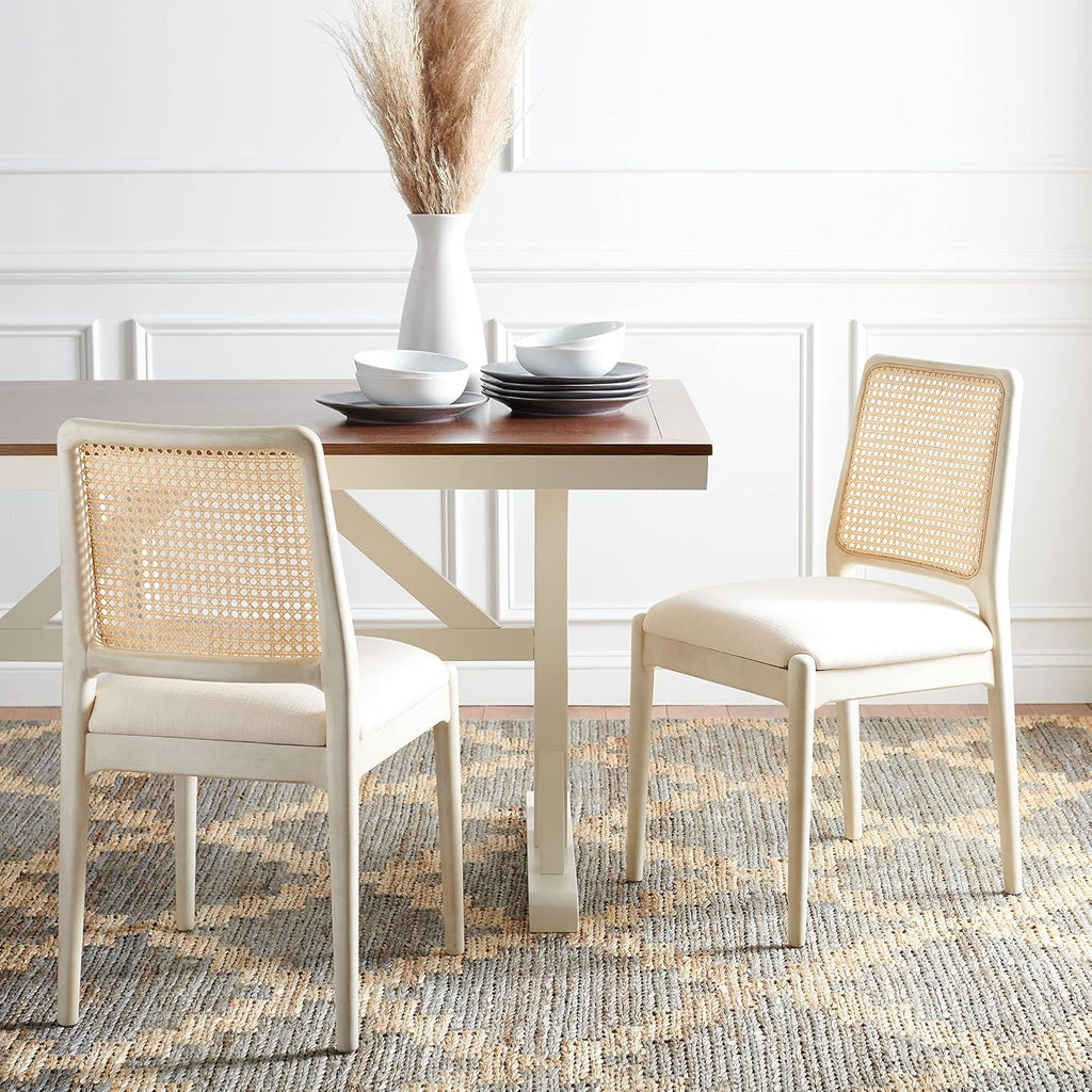SAFAVIEH Home Collection Reinhardt White Rattan Cushion Dining Chair (Set of 2) -Fully Assembled DCH8800B-SET2