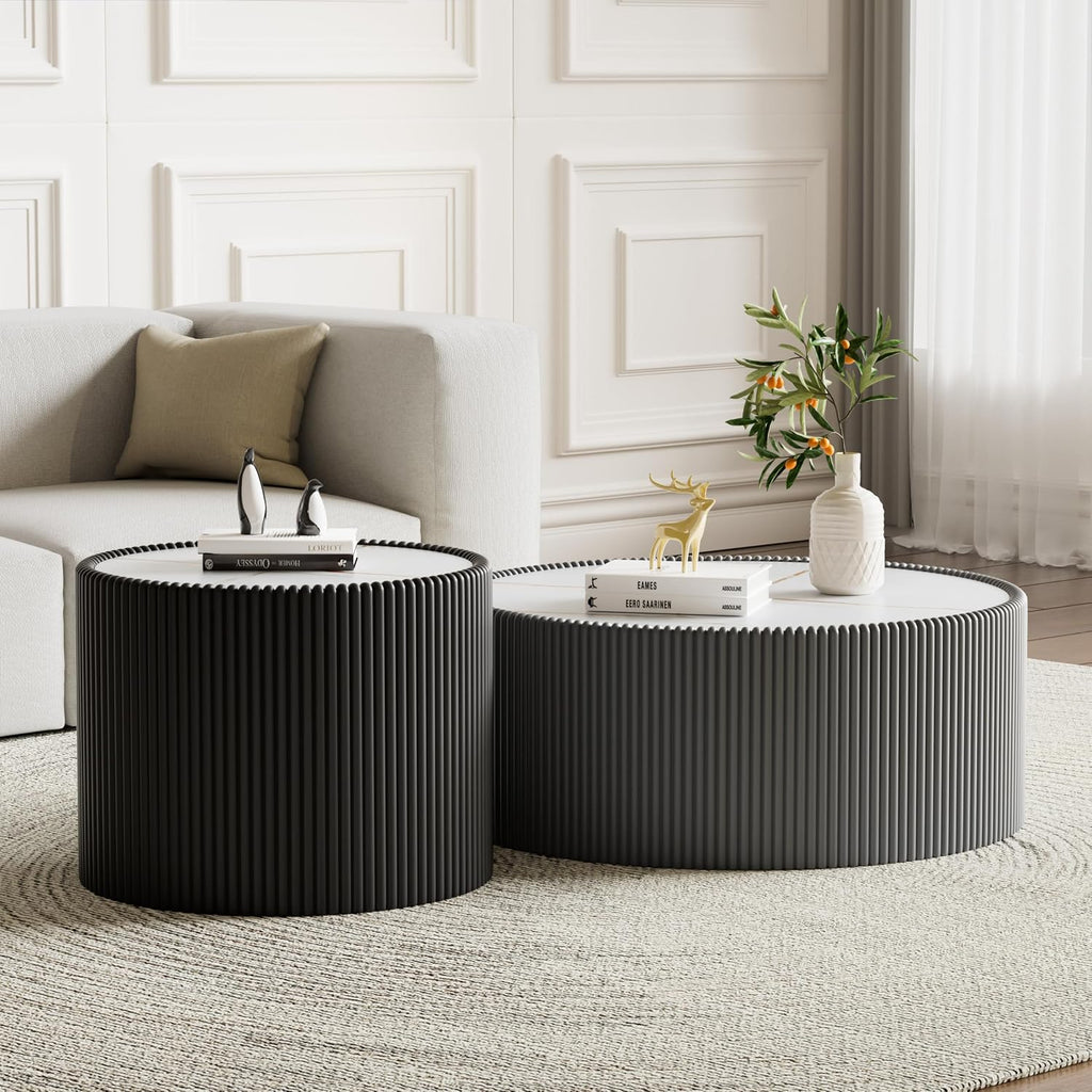 29.52' Grey Round Coffee Table, Drum Coffee Table with Sintered Stone Tabletop and Fluted PU Leather Covered and Stable Base, Circle Cocktail Tea Table for Living Room