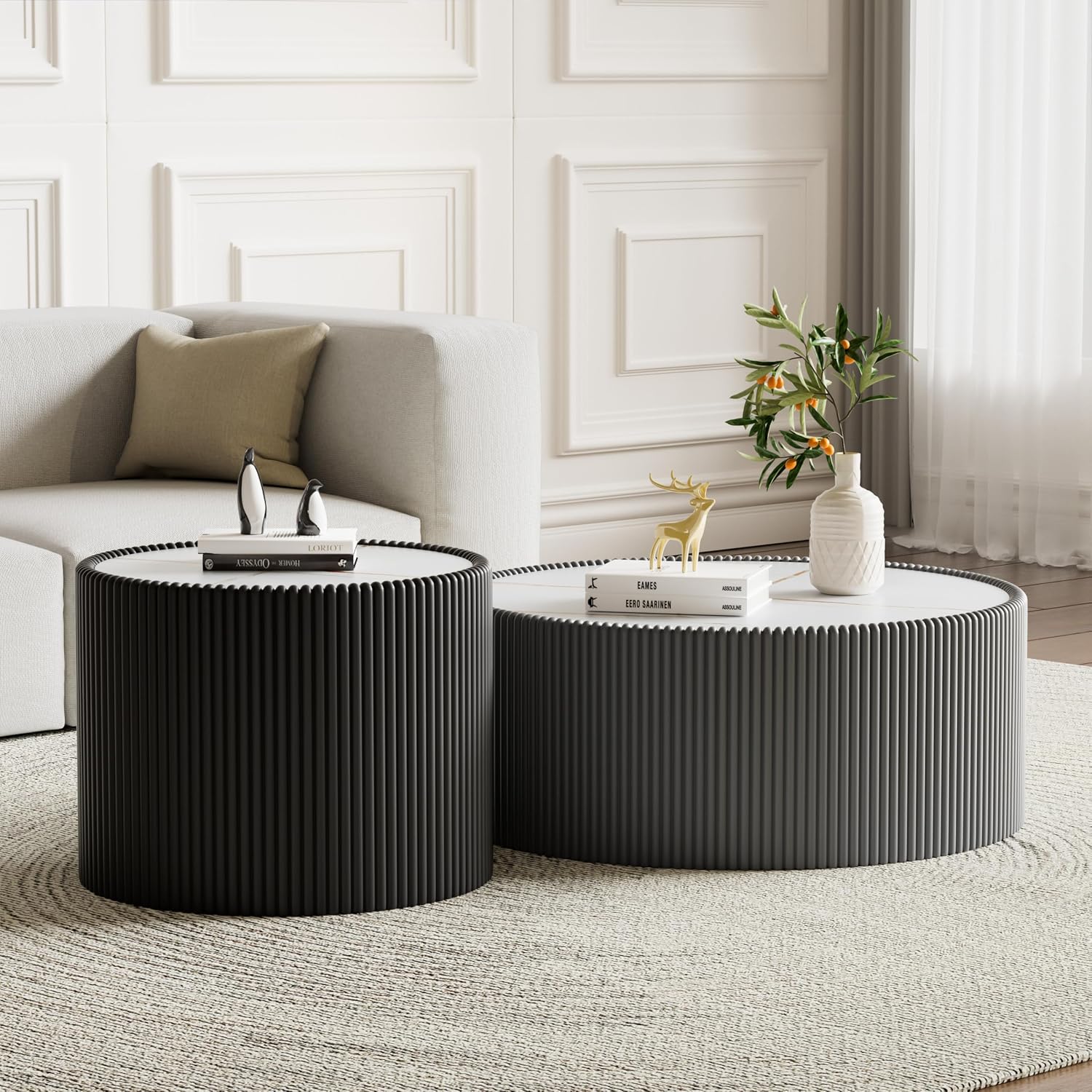 29.52' Grey Round Coffee Table, Drum Coffee Table with Sintered Stone Tabletop and Fluted PU Leather Covered and Stable Base, Circle Cocktail Tea Table for Living Room