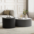 Round Living Room Table Set, 29.52' Grey Drum Center Table and 17.71' Black Coffee Table Set, 2 Pieces Coffee Table Set with Sintered Stone Tabletop, Fluted PU Leather Covered and StableBase