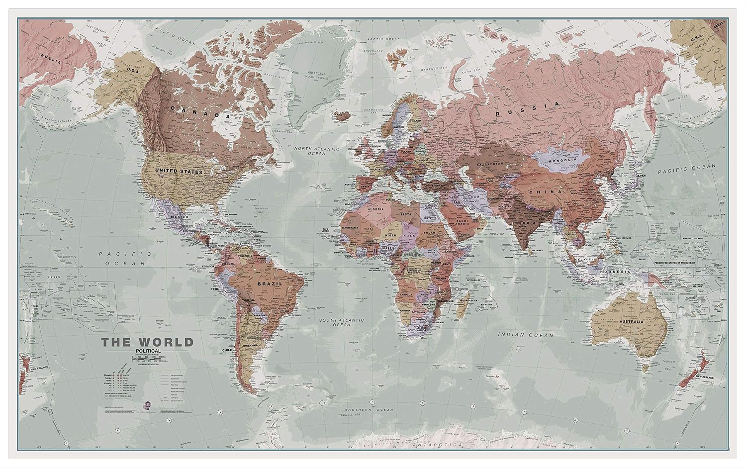 Maps International Large Executive Political World Wall Map - Push Pin Board Mounted with White Wood Frame - 36 x 48