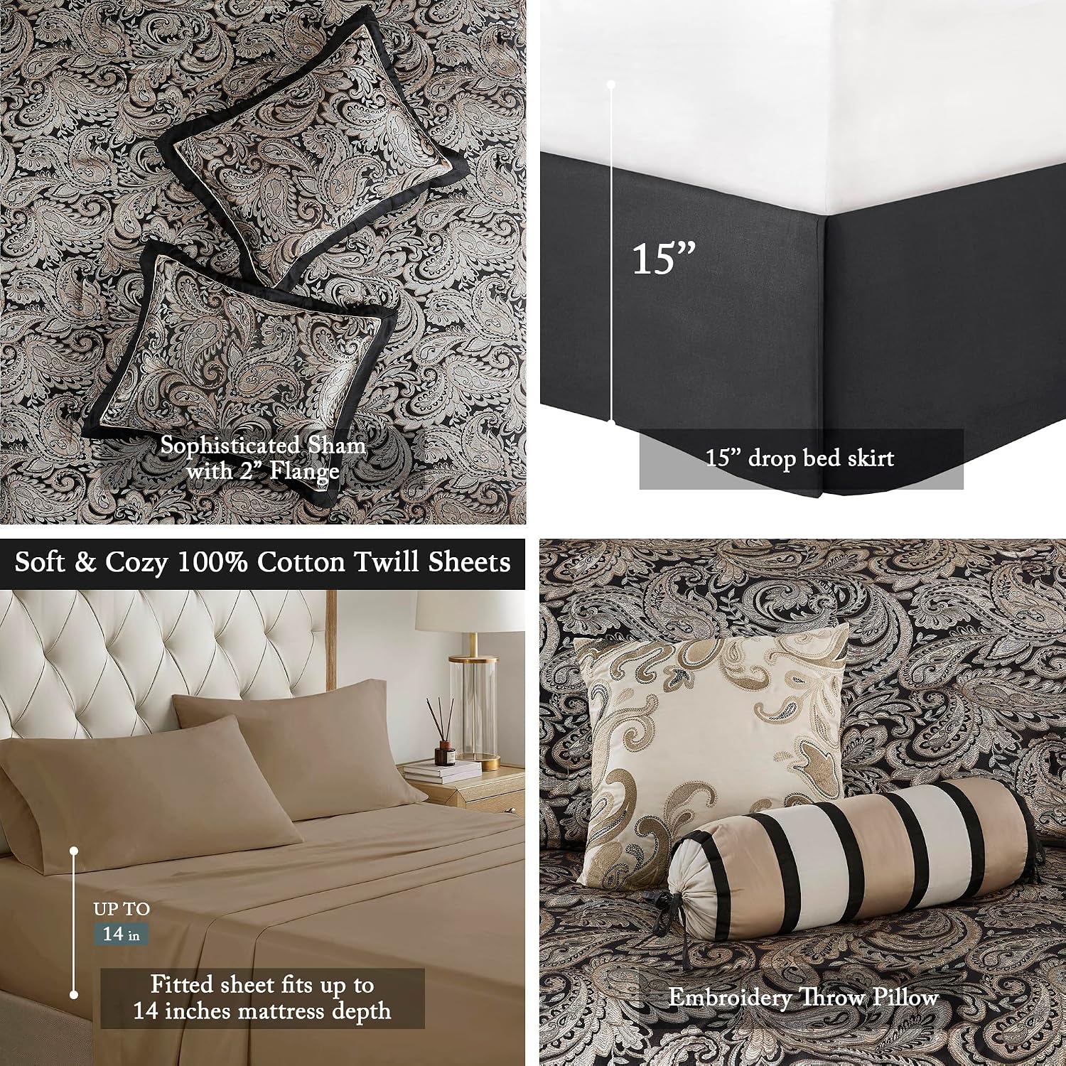Madison Park Aubrey Cozy Comforter Set, Faux Silk Jacquard Paisley Design - All Season Down Alternative Bedding with Cotton Bed Sheets, Bed Skirt & Toss Pillows, Full Black 12 Piece