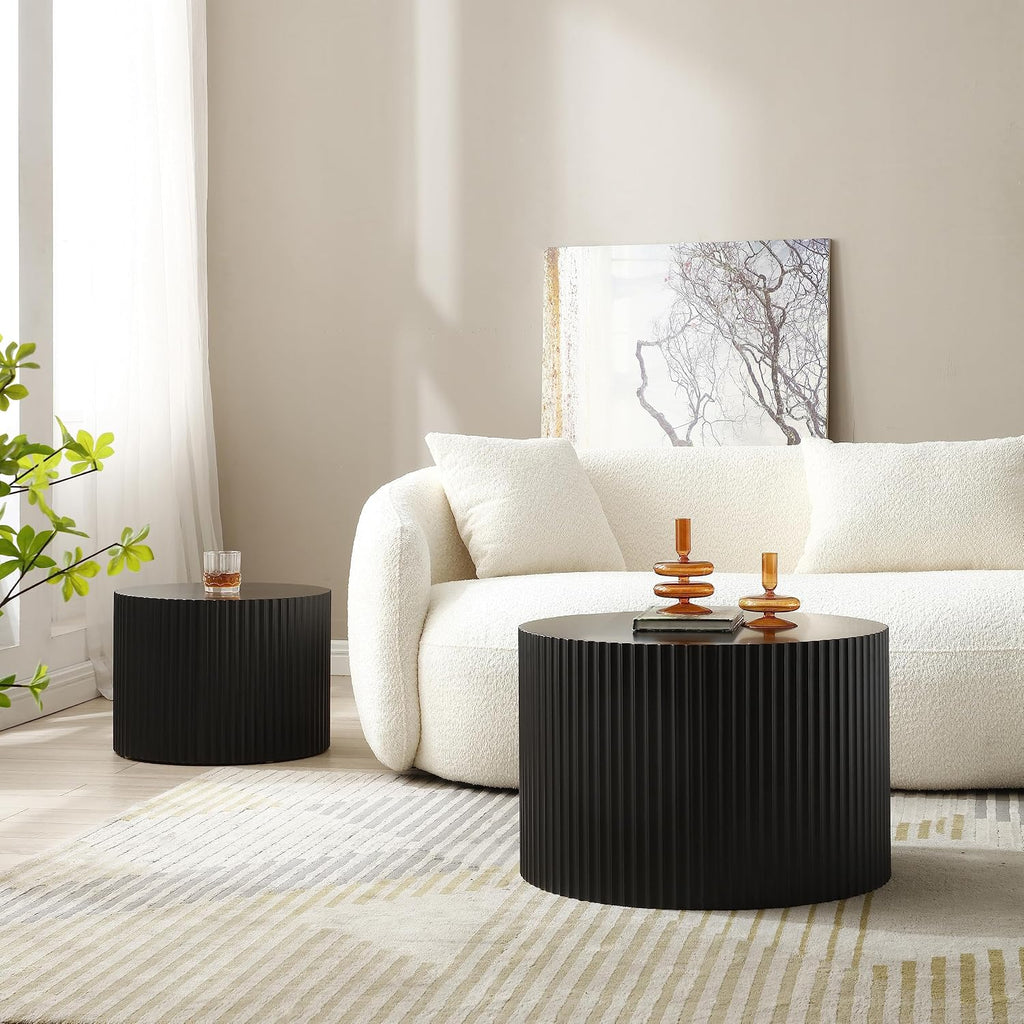 Modern Nesting Coffee Table, Round Wood End Table Set of 2 for Small Space, Living Room - Black