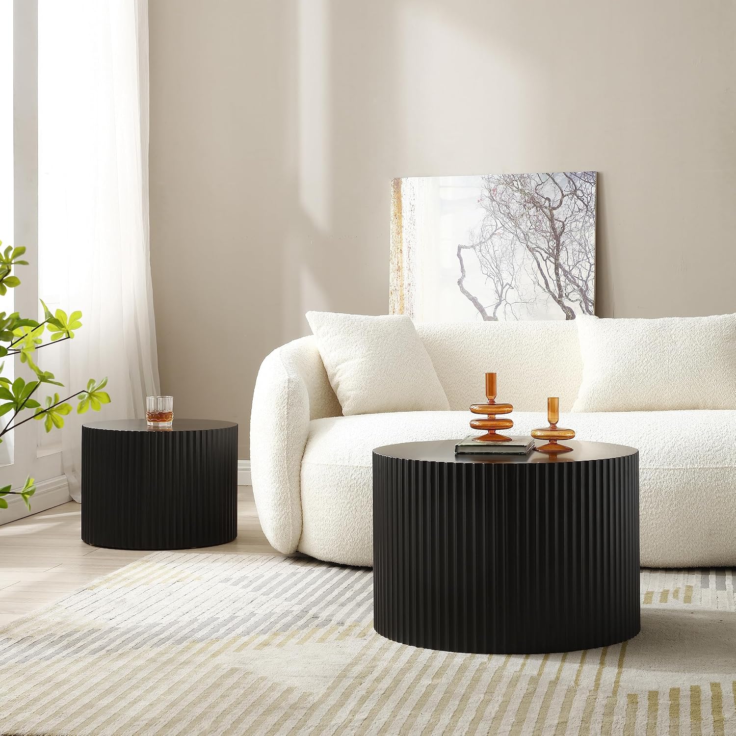 Modern Nesting Coffee Table, Round Wood End Table Set of 2 for Small Space, Living Room - Black