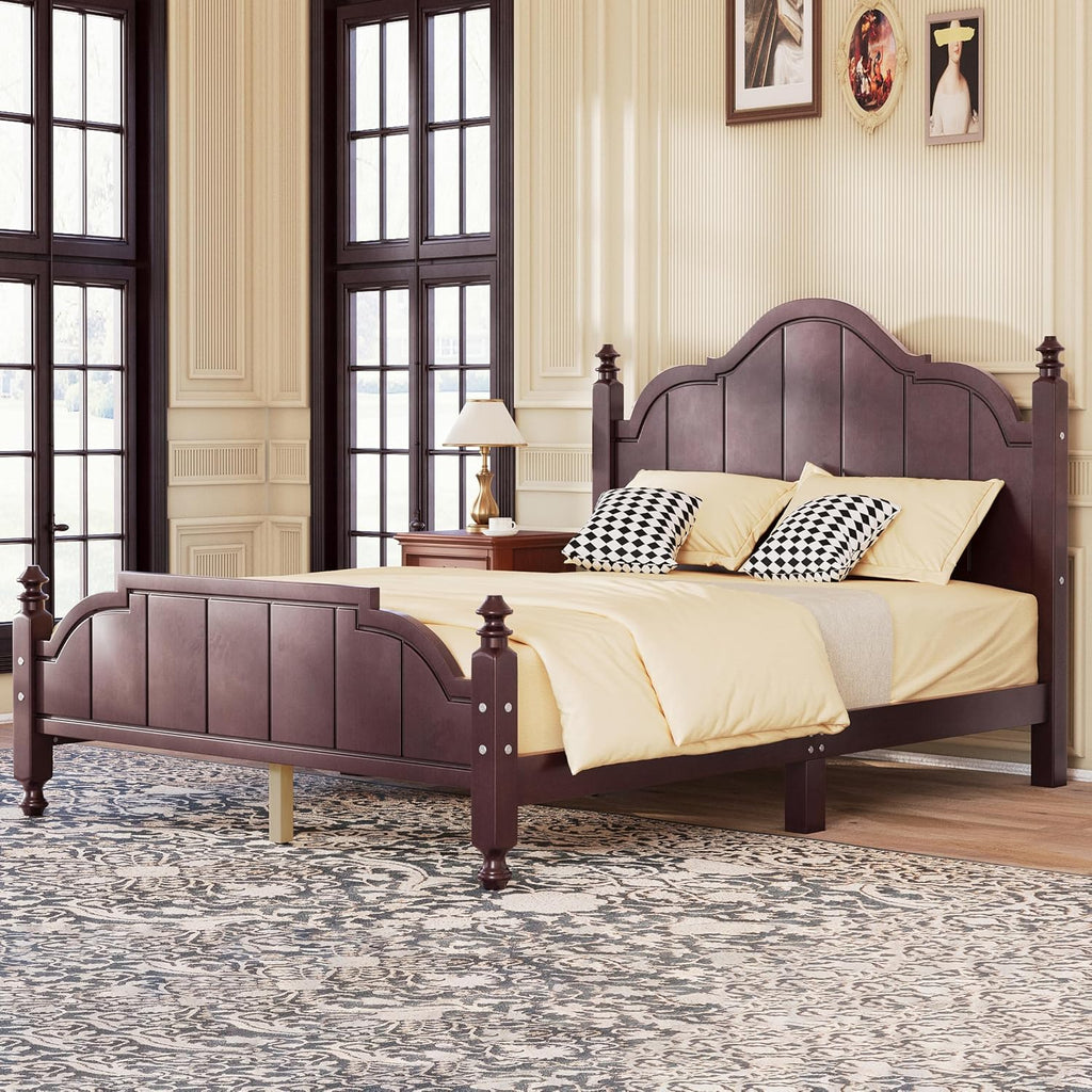 Full Size Platform Bed with Wide Headboard, Vintage Full Wooden Bed Frame with Durable Slats Support for Bedroom, Up to 650lbs, No Box Spring Needed, Easy Assembly (Espresso2, Full)