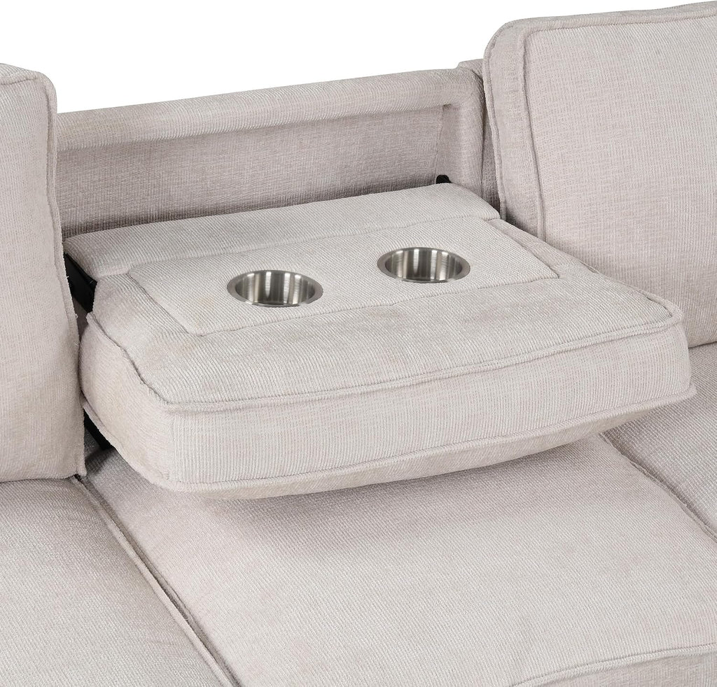 Merax 89' L-Shaped Sleeper Sofa Bed with Pull Out Bed & Reversible Chaise, Sleeper Sofa Couch with Storage Space, USB Port, and 2 Cup Holders on Back Cushions for Living Room Furniture Set, Beige