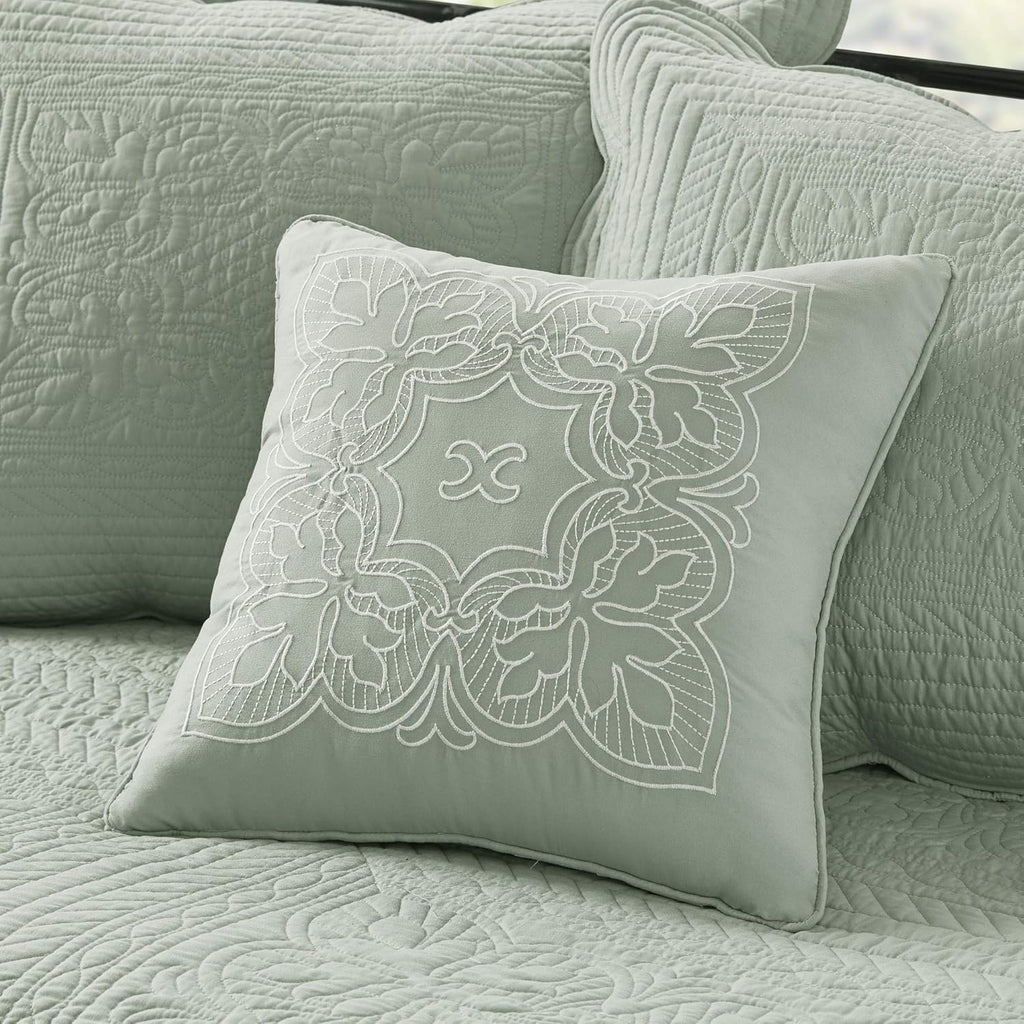 Madison Park Daybed Cover Set Damask Quilted Cover for Daybeds, All Season, Pre-Washed Cotton-Filled Coastal Bedding Scallop Edge, Shams, Bedskirt, Décor Pillows, Tuscany, Seafoam, 39'x75', 6 Piece