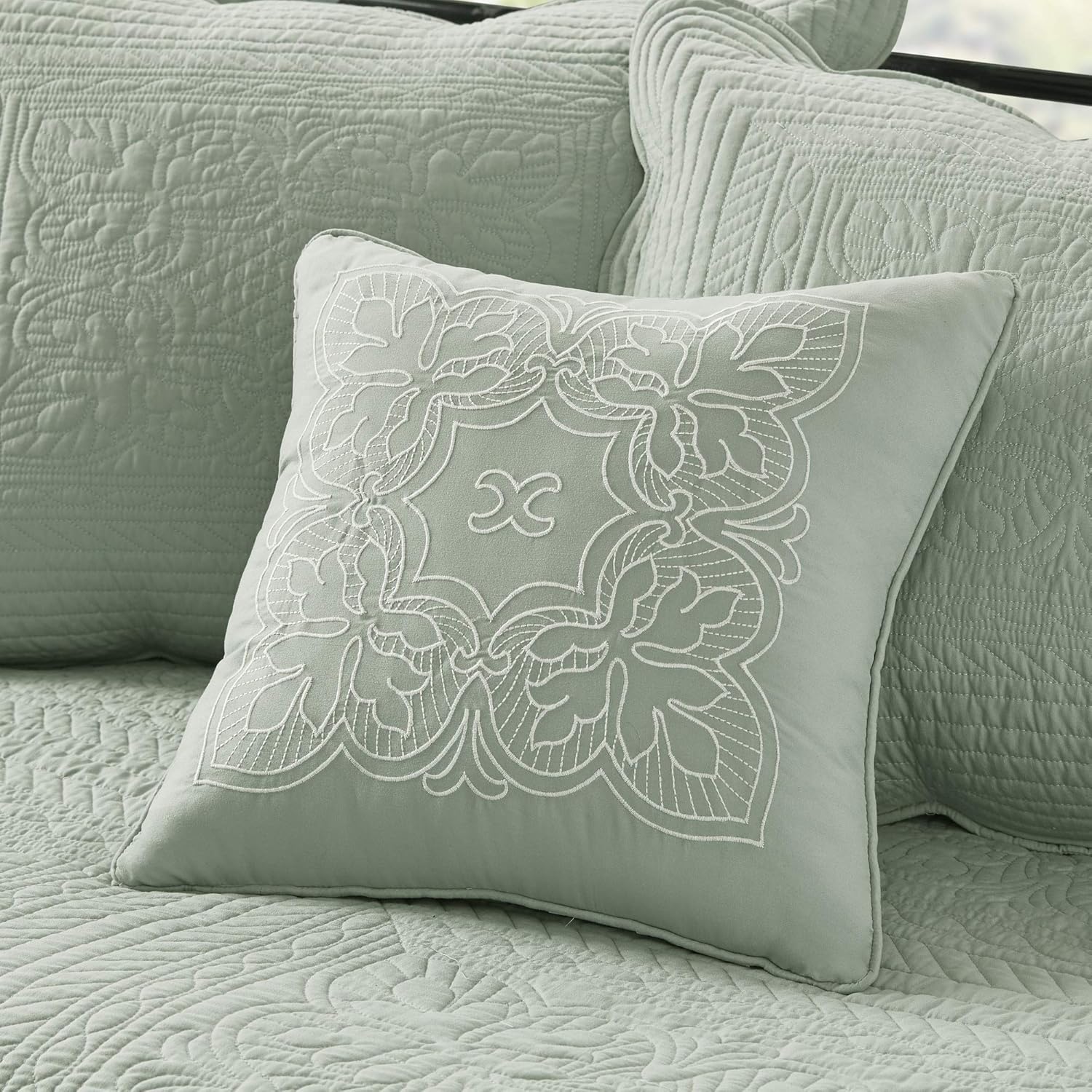 Madison Park Daybed Cover Set Damask Quilted Cover for Daybeds, All Season, Pre-Washed Cotton-Filled Coastal Bedding Scallop Edge, Shams, Bedskirt, Décor Pillows, Tuscany, Seafoam, 39'x75', 6 Piece