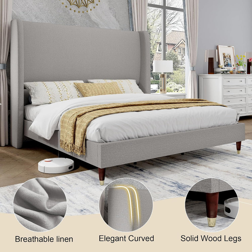 PaPaJet King Bed Frame with 51.2' Tall Wingback Headboard,Line Upholstered Platform Bed,Solid Wood Legs,No Box Spring Needed,Noise-Free&Easy Assembly,for Master Bedroom & Luxury Home,Light Grey