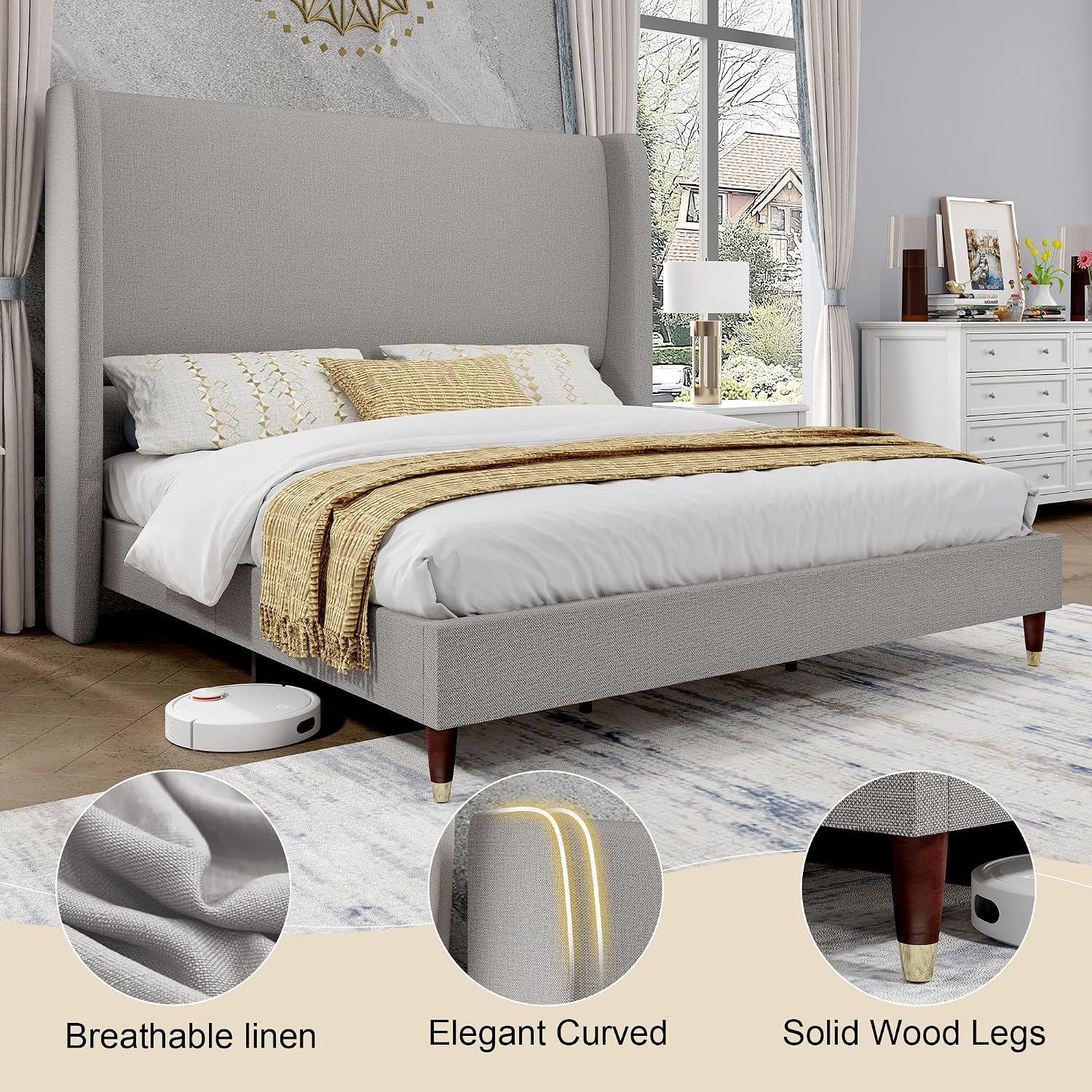 PaPaJet King Bed Frame with 51.2' Tall Wingback Headboard,Line Upholstered Platform Bed,Solid Wood Legs,No Box Spring Needed,Noise-Free&Easy Assembly,for Master Bedroom & Luxury Home,Light Grey
