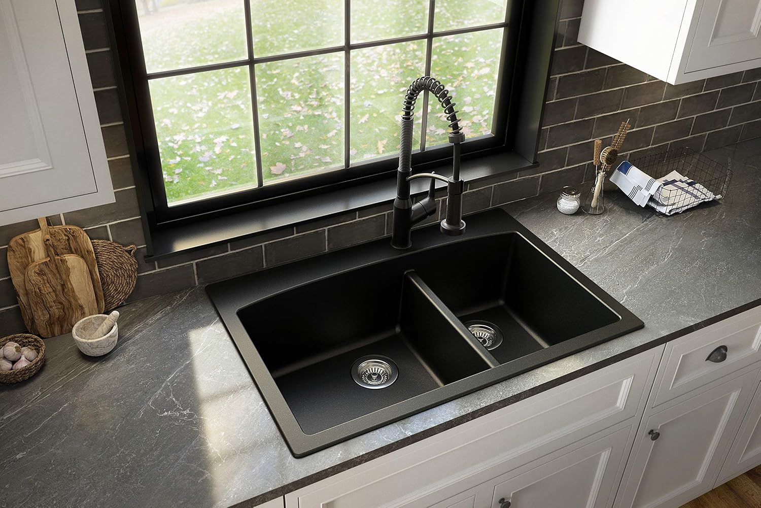 Karran QT-711 Drop-In Quartz Composite 33 in. 1-Hole 60/40 Double Bowl Kitchen Sink in Black